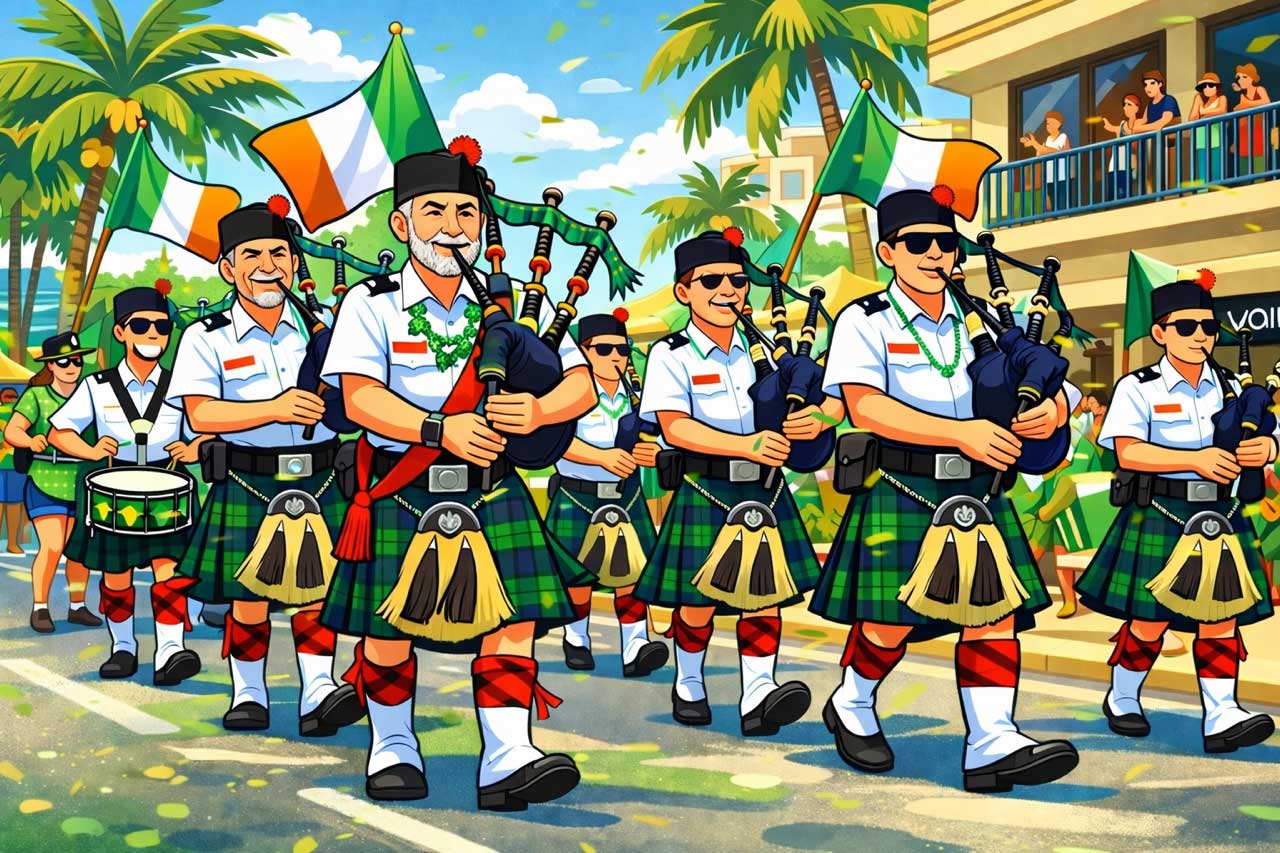 St. Patrick’s Day parade spirit in Hawai‘i (cartoon-style hero)