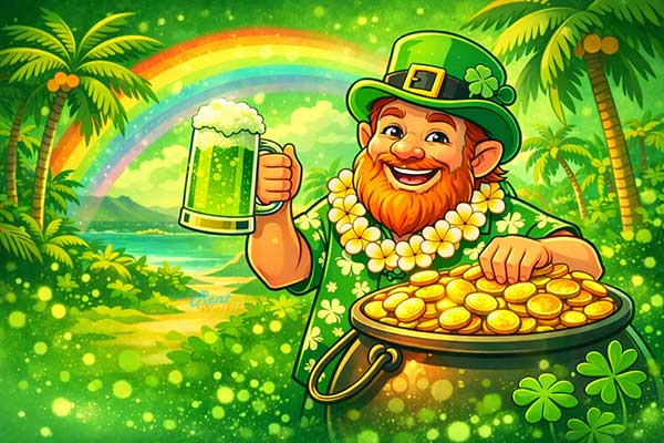 Hawaiian-themed leprechaun celebrating with a lei